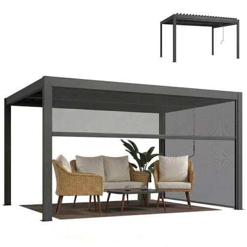 Outsunny Pergola bioclimatique 4x3m, pergola Aluminium avec Lames orientables, manivelle, Stores latéraux Coupe-Vent, tonnelle de Jardin abri terrasse,...