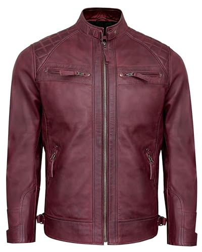 Image of Leather Jacket Men - Real Lambskin Motorcycle Jacket with Snap Tab Collar, Adjustable Waist & Zippered Pockets