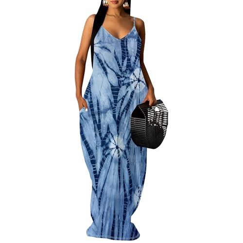 Image of Women's Summer Maxi Dress Spaghetti Strap Floral Boho Beach Long Sundress with Pockets