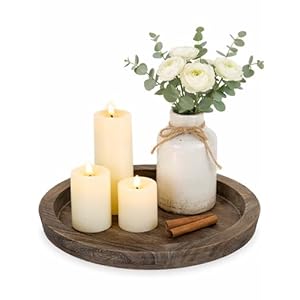 Hanobe Candle Plate Holder Tray: Round Wood Decorative Candle Plate – Rustic Farmhouse CoffeeTable Decor – Tealight Pillar Trays for Home Decor (Distressed)