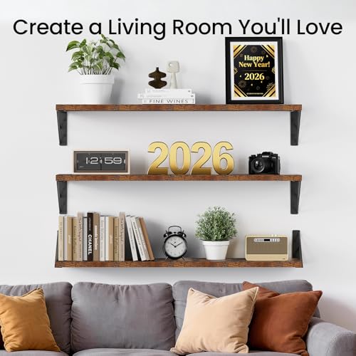 Image of BAYKA Wall Shelves for Bedroom Decor, Floating Shelves for Wall, Display Mounted Rustic Wood Shelf for Books,Plants,Corner Shelves for Bathroom,Kitchen,Living Room(Rustic Brown,36in,Set of 3)