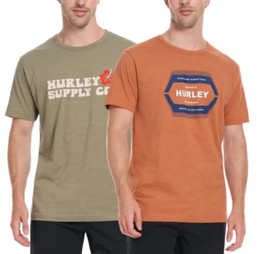 Hurley Men's 2 Pack Short Sleeve Graphic Tee Shirts (US, Alpha, Large, Regular, Regular, Orange/Green)
