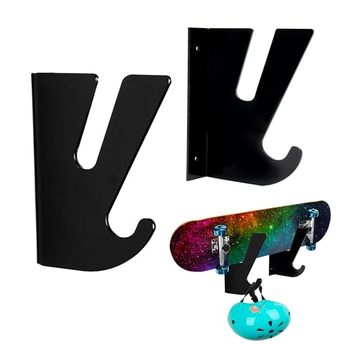 mongtsamz Soporte Pared Skateboard, Acrílico Soporte de Pared para Monopatín con Gancho de Almacenamiento Soporte Pared Skate Horizontales para Longboard Skateboard Snowboard, 2 Piezas, Negro
