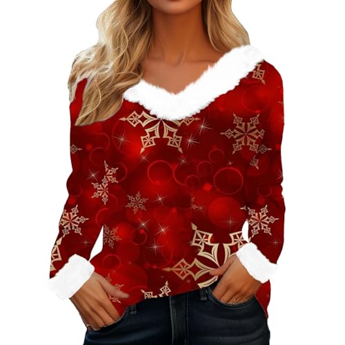 Suéter feo de Navidad para mujer Rigolo Mujeres Camisetas Invierno Árbol de Navidad Impresión Top Túnica Cuello V Sudadera Caliente Otoño Camisas Manga Larga Gran Tamaño Jersey Adulto Casual S-XXL