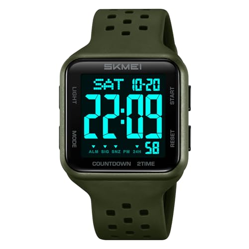 SKMEI Montre de sport numérique pour homme - Montre multifonction militaire pour femmes - Étanche - Alarme - Double fuseau horaire - Chronomètre, vert militaire