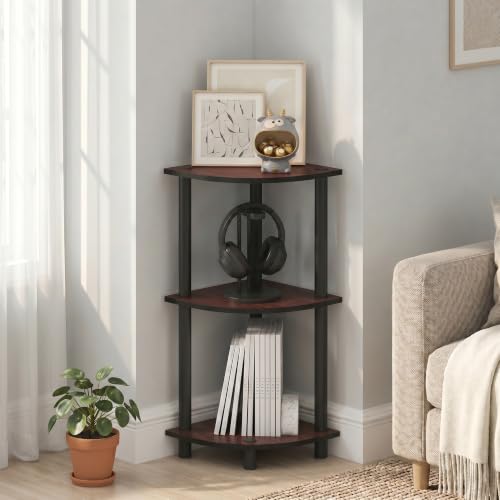 Image of Furinno Turn-N-Tube Toolless Assembly 3-Tier Storage Shelves, Dark Cherry | Brown Corner Shelf, Open Storage Book Shelf, for Organization and Storage, Living Room, Home Office, Bedroom