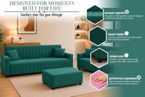 Image of Rosebell 3+2 Velet Fabric Sofa Set with Ottoman | 5-Seater Sofa | Living Room Furniture, Apartment & Office |Green-Color