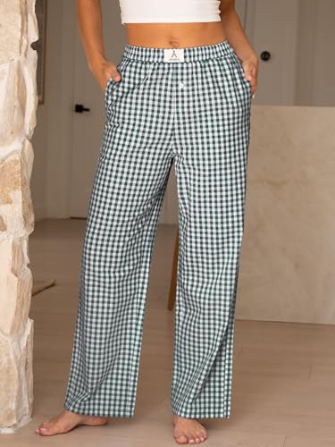 Image of ANRABESS Womens Gingham Striped Boxer Pants | 2026 Fall Outfits,Wide Leg Elastic Waist with Pockets,Casual Lounge Pajama Bottoms,Lightweight Breathable,Fashion Clothing