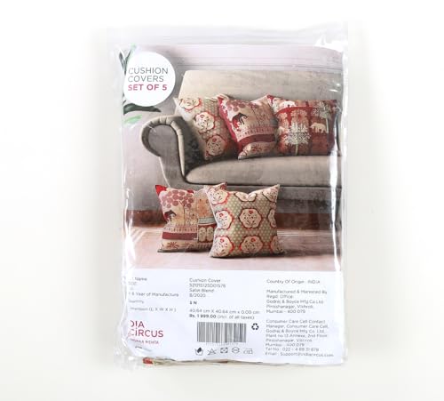 Image of India Circus by Krsnaa Mehta Ancient Haathi Multicolor Satin Blend Cushion Pillow Covers Set of 5 (16 x 16 Inches)