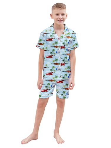 Schbbbta Boys Silk Pajamas Set Button Down Short Sleeve 2 Piece Sleepwear, Hawaii Blue Car, 9-10 Years = Tag 150