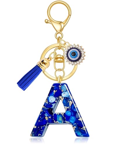 Pithayla Evil Eye Initial Keychain for Women Cute Tassel Letter Bag Charms for Purse Backpack Key Chain Accessories