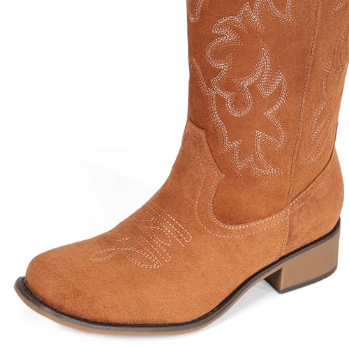 Image of IUV Cowboy Boots For Women Square Toe Wide Mid Calf Western Pull On Suede Fashion Black Brown Cowgirl Boots