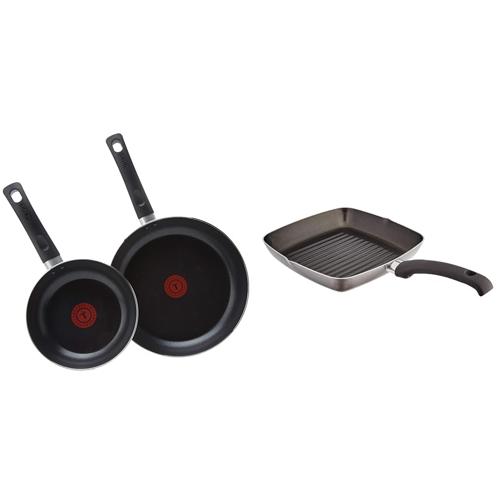 TefalTaste Twin Pack, Aluminium Frying Pans, Pan Set, Pans 20 cm and 28 cm Diameter, Non-Stick, Black, Pack of 2, B189S244 & Judge Everyday JDAY040 Non-Stick Griddle Pan, 24cm with Stay Cool Handle
