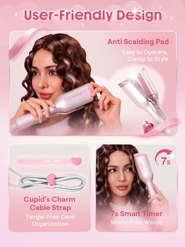 Image of SHEGLAM Pink 1 Inch Hair Waver for Women - Double Barrel Crimper Tool for Mermaid Beach Waves, Lightweight with Smart Timer & Adjustable Temps, Dual Voltage Anti-Scald Easy to Use for Short Hair