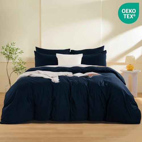 Image of NEXHOME PRO Twin Duvet Cover,Navy 2 Pieces Duvet Cover Set, Soft and Lightweight 100% Washed Microfiber Comforter Cover Set for All Season(Navy Twin, 66 x 90)-No Comforter