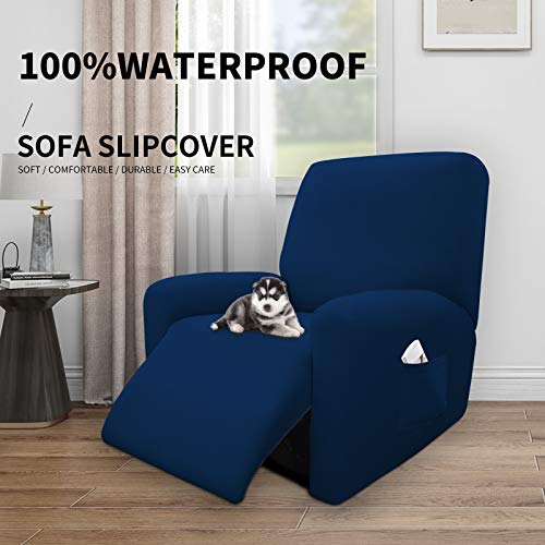 Image of Easy-Going 4 Pieces Waterproof Recliner Chair Slipcover Washable | Stretch Soft Couch Cover for Dogs, Sofa Slipcover for Recliner Couch Furniture Protector for Kids, Pets Navy