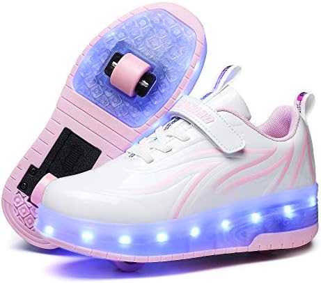 HHSTS Kids Shoes with Wheels LED Light Color Shoes Shiny Roller Skates Skate Shoes Simple Kids Gifts Boys Girls The Best Gift for Party Birthday Christmas Day(3.5 Big Kid,White Pink)