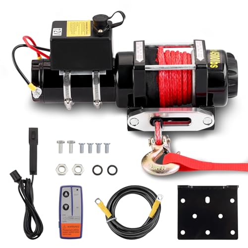 TEENO Cabrestante Eléctrico 12V 4 500 LBS / 2041 Kg, Cuerda Sintética 5.5 mm x 10 m, Control Remoto Inalámbrico Cabrestante de Cuerda de Nylon con Controlador por Cable