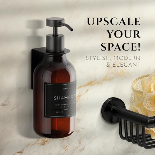 Shower Shampoo Dispenser Wall Mounted – Refillable 16.9 oz Amber Bottle with Stainless Steel Pump & No-Drill Adhesive Holder – Soap Dispenser for Bathroom (1 X Amber/Black) - image 2