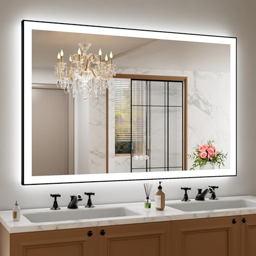 Amorho 55" X40" LED Bathroom Mirror with Black Frame, Front Light and Backlit(Controlled Separately), Stepless Dimmable, Anti-Fog, Shatter-Proof, 3 Colors, Memory