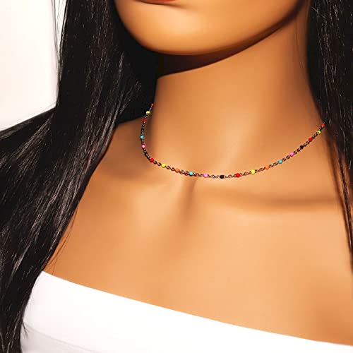 Rainbow Choker Necklace, Stainless Steel Dainty Multi Color Beaded Minimalist Choker Necklace For Women And Teens, Elesea Jewelry - Handmade In Italy (Rainbow, Style 1) #TOP1