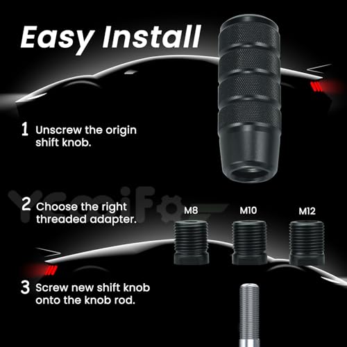 YCooiFo Shifter Knob, 3.78" Aluminum Weighted Car Gear Shift Manual knobs Fit Universal Manual Transmission Vehicle with 3 Threaded Adapters M8 M10 M12 x 1.25 (Black) - Image 6