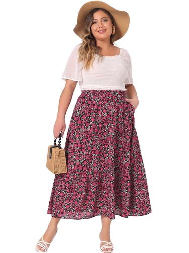 Agnes Orinda Plus Size Skirts for Women Floral Flowy Stretchy Waist Layered A Line with Pocket Summer Maxi Skirt3