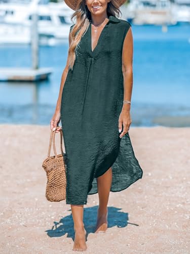 Image of CUPSHE Women's Swimsuit Coverup Casual Sleeveless Side Split Long Cardigans V Neck Midi Beach Dress