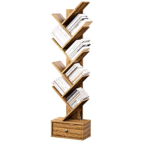 Pipishell Tree Bookshelf With Drawer, 8-Tier Vertical Bookshelf, Modern Bookcase, Book Shelf Organizer For Living Room, Bedroom, Home Office, Rustic Brown, Pibs03Wn #TOP5