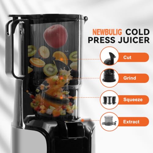 Image of NEWBULIG Cold Press Juicer Machines for Vegetables & Fruits, Silver | Slow Masticating Juicer Machine with Reverse Function, 4.25 inch Feed Chute, Stops Oxidation and Easy to Clean