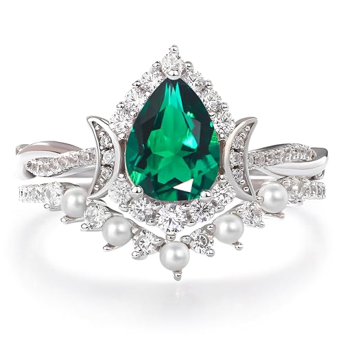 10K/14K/18K Gold 2CT Pear Shape Cut Gemstone With Freshwater Pearls Engagement Rings Set for Women Gemstone Wedding Bands Jewelry Gifts for Anniversary