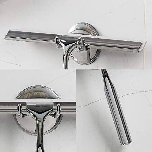 Ettori Bathroom Shower Squeegee Clear Glass Wall Cleaner Bath Stainless Steel with Suction Storage Hook - 10", Chrome