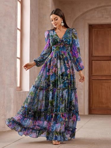 Image of TOLEEN Summer Casual Dresses for Women 2024 Spring Fashion Boho V Neck Long Sleeve Ruffle Floral Print Elegant Maxi Dress