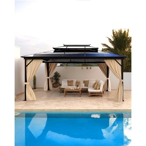 GarveeLife Hardtop Gazebo 10 ft x13 ft for All Weather, Double Polycarbonate Sheets Roof, Aluminum Alloy Frame, Net, and Curtain, Permanent Building for Patio, Deck, Backyard, Lawn, and Gard