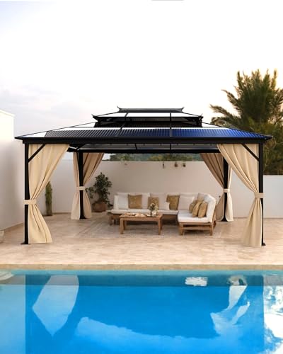 Hardtop Gazebo 10'x13' for All Weather, Double Polycarbonate Sheets Roof, Aluminum Alloy Frame, Net, and Curtain, Permanent Building for Patio, Deck, Backyard, Lawn, and Garden, Khaki