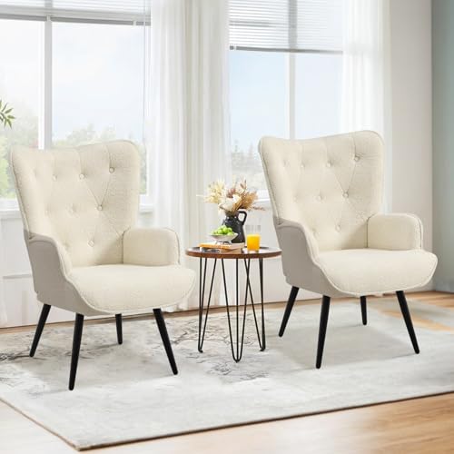 Ckaff Lot de 2 Fauteuil Salon Relax, Fauteuil Scandinave Moelleux en Sherpa Boucé, Chaise Bouclette avec Accoudoirs & Dossier Ergonomique pour Salle à Manger, Salon,...