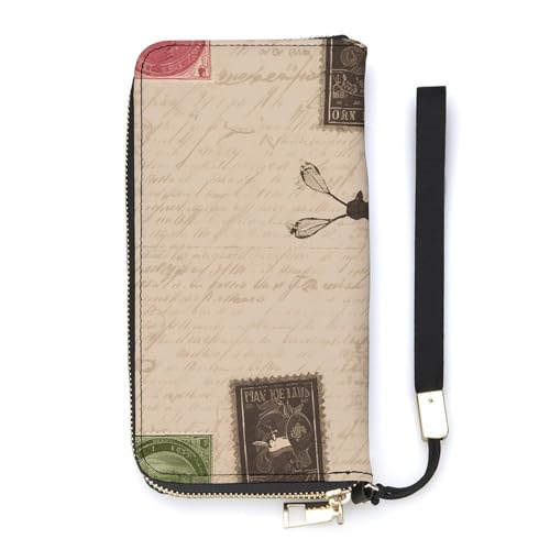 Old Fashioned Mail Ladies' Leather Wallet With Hand Strap Slim Vertical Purse Wallets Card Case Long Zip Around Long Wallet Credit Cards Holder Phone Clutch