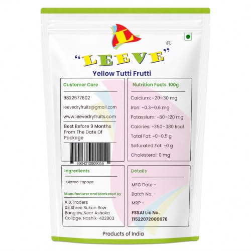 Image of Leeve Yellow Tutti Frutti, Candied Papaya Cubes for Cakes, Cookies, Ice Cream, Muffins and Dessert Decoration, Sweet Chewy Bakery Topping, 400 g