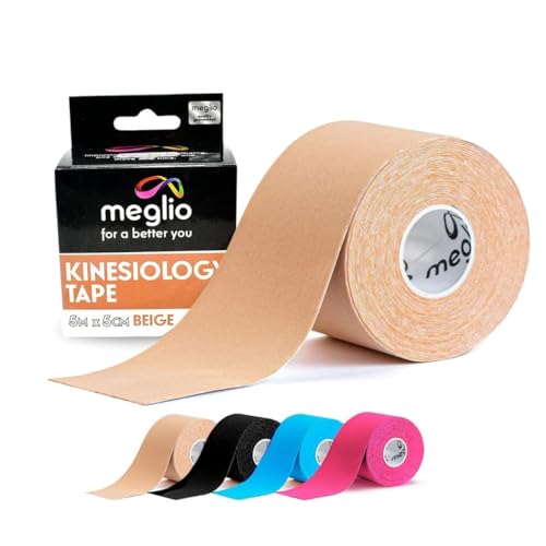 MEGLIO Kinesiotape Bande de Kinésiologie 5m – Bande Sportive Professionnelle pour Les Blessures, Soutien Musculaire et Physiothérapie, K Tape Respirant et Résistant à l’Eau | Beige