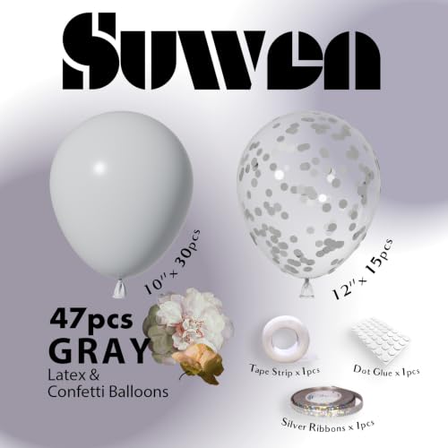 Image of SUWEN 47PCS Gray Latex Balloons and Grey Confetti Balloons Set | Helium Matte Balloon for Birthday Anniversary Wedding Party Decorations
