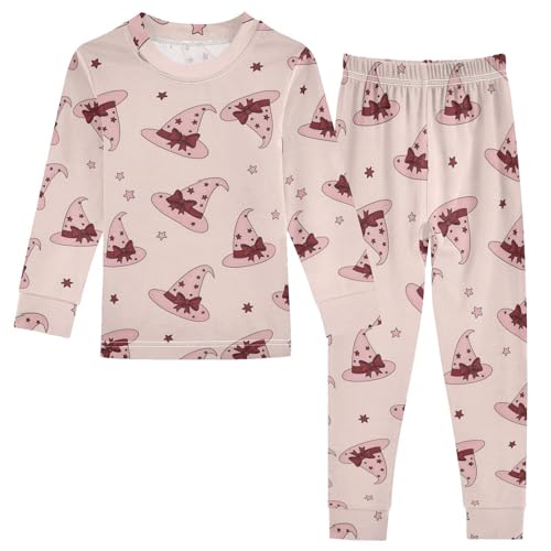 Pajama Sets Long Sleeve Pink Witch Hats Pattern Soft Comfy Sleepwear 2 Piece PJS 3-8T
