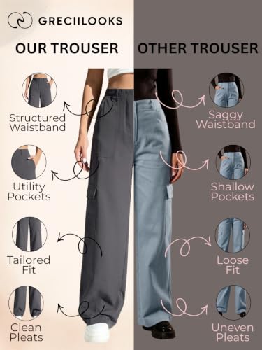 Image of GRECIILOOKS Cargo Pants For Woman | Trousers For Womans |High Waist Cotton Trouser for Women - Flared Parachute Pants with Side Pockets |Womens Cargo Pant | Elegant for College & Events (Available in Plus Size)
