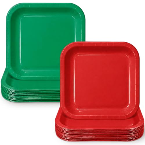 Red and Green Square Paper Plates, 50 Pack, 7 Inch Disposable Dessert Plates for Christmas Party
