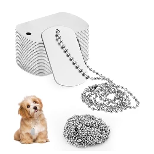 Modixun Lot de 25 plaques d'identification militaires vierges en aluminium + 25 chaînes de perles en métal, étiquettes rectangulaires gravées au laser à bord lisse pour armée, loisirs créatifs, Argent