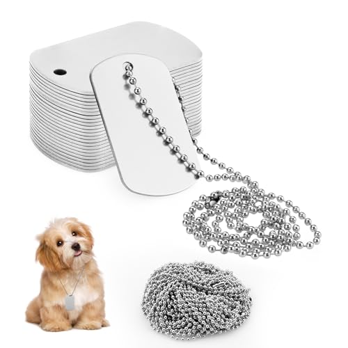 Modixun Lot de 25 plaques d'identification militaires vierges en aluminium + 25 chaînes de perles en métal, étiquettes rectangulaires gravées au laser à...