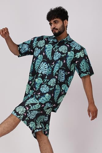 Image of BROWN CULTURE Men's Cotton Floral Print Co-ord Sets with Shirt & Shorts Collar Neck Standard Length and Button Down Closure Type | Night Suit for Men