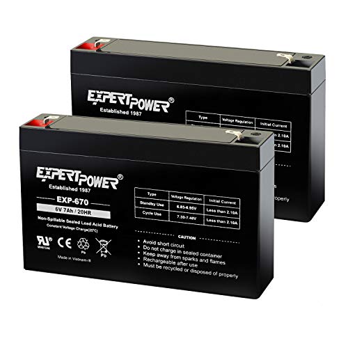 ExpertPower EXP670 (2 Pack) - 6V 7Ah Rechargeable 6V Battery for Ride On Toys Emergency Light Replacement for PEA6V65F3 Enduring 3FM7 UB670 Sealed Lead Acid (SLA) 6 Volt Battery with F1 Terminal