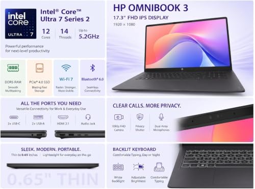 Image of HP 17.3 inch OmniBook 3 Laptop 2026 /2027 Edition | Intel Core Ultra 7 255U Up to 5.2GHz | 16GB DDR5 RAM -1TB PCIe SSD | Backlit Keyboard | FHD IPS Display | Wi-Fi 7 | Thin & Lightweight | Windows 11