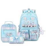 CYOQX Girls Backpack 3pcs School Back pack with Lunch Box Teen Girl Backpack Set Cute Kids School Bag Bookbag for Teen Girls(Blue)