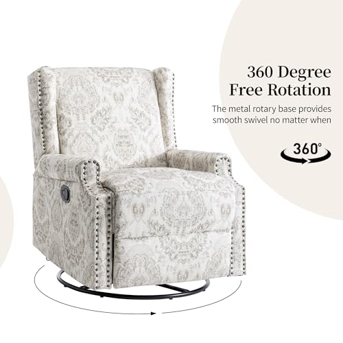 Image of Swivel Rocker Recliner Chairs Set of 2, 360 Swivel Wingback Recliner Chairs for Adults, Upholstered Printed Fabric Glider Rocking Chair with High Back, Deep Seat for Living Romm Bedroom, Beige